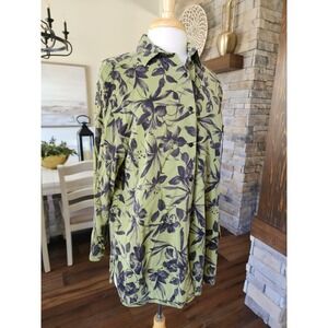 Tianello Green Button Tencel Blend‎ Blouse Top Floral Artsy Womens Size S